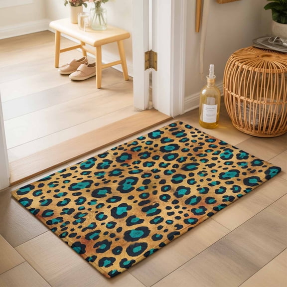 Entryway Rug 2'x3', Teal Brown Leopard Kitchen Runner Rugs Non-Slip Carpet Mats, Vintage Animals Texture Country Bedside Rugs Runners Washable Floor Carpet for Bathroom Laundry Room