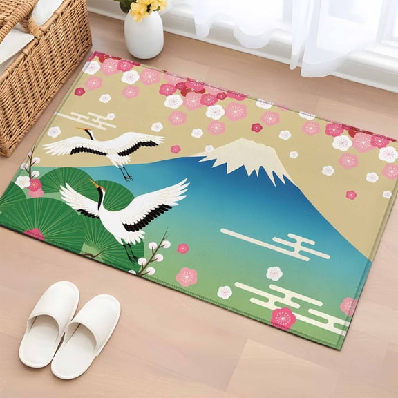 Entryway Rug 2'x3', Teal Brown Mountain Small Rug for Kitchen Bathroom Door Mat Indoor Entrance, Farmhouse Cherry Blossoms Cranes Non-Slip Area Rugs Floor Mats Carpet Front Door Rugs