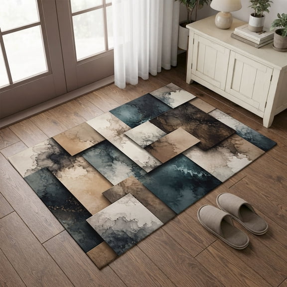 Entryway Rug 2'x3', Teal Brown Small Rug for Kitchen Bathroom Door Mat Indoor Entrance, Abstract Color Block Geometric Gradient Fluid Art Non-Slip Area Rugs Floor Mats Carpet Front Door Rugs