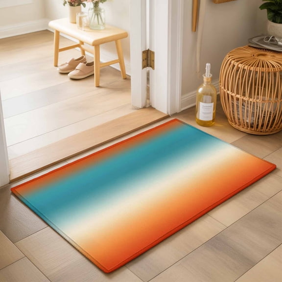 Entryway Rug 2'x3', Teal Burnt Orange Ombre Kitchen Runner Rugs Non-Slip Carpet Mats, Contemporary Gradient Abstract Art Bedside Rugs Runners Washable Floor Carpet for Bathroom Laundry Room