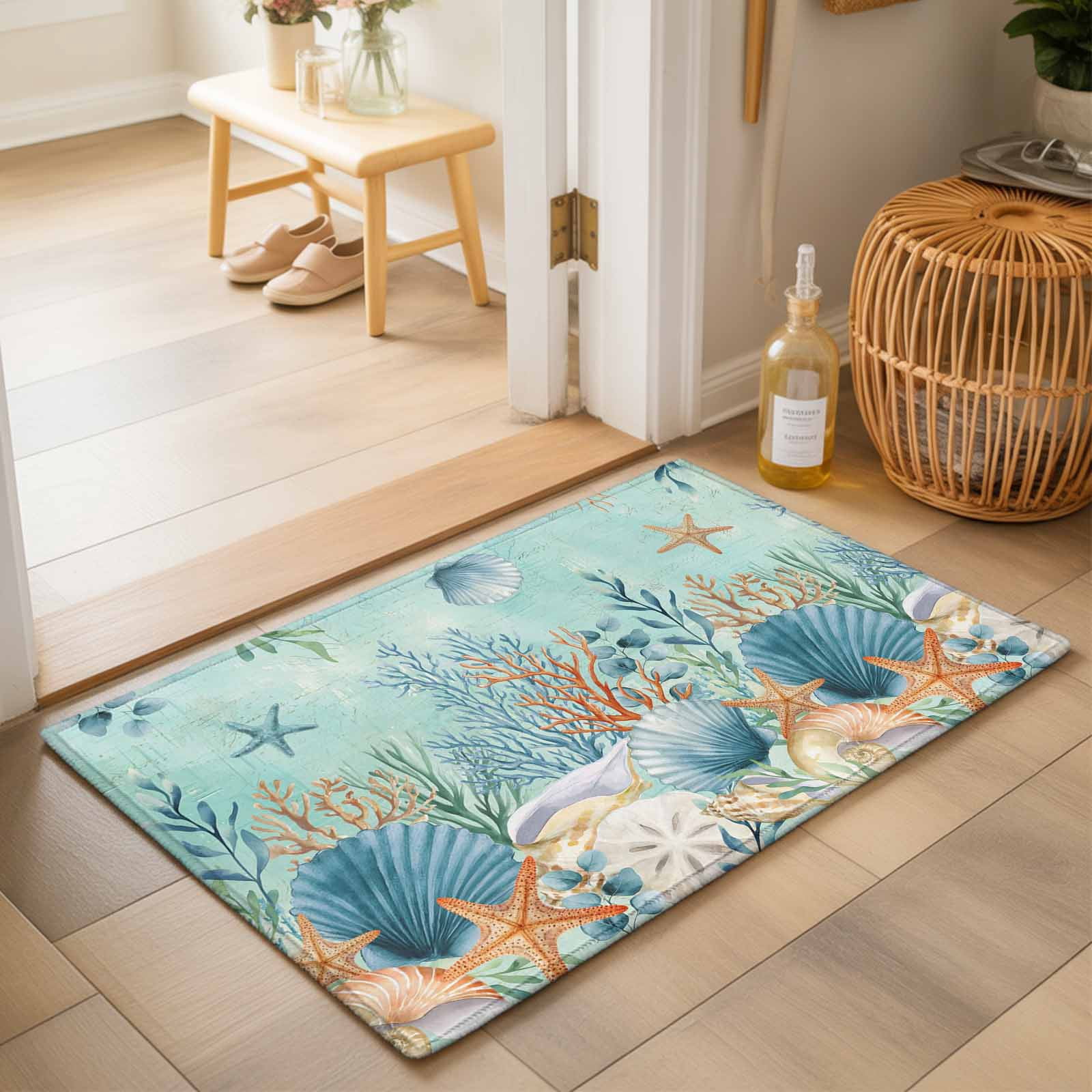 Entryway Rug 2'x3', Teal Coastal Kitchen Runner Rugs Non-Slip Carpet Mats, Summer Beach Starfish Shell Coral Nautical Bedside Rugs Runners Washable Floor Carpet for Bathroom Laundry Room