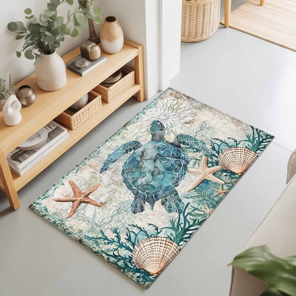 Entryway Rug 2'x3', Teal Coastal Turtle Kitchen Runner Rugs Non-Slip Carpet Mats, Vintage Summer Beach Nautical Coral Bedside Rugs Runners Washable Floor Carpet for Bathroom Laundry Room