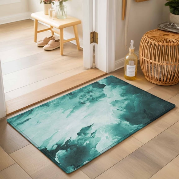 Entryway Rug 2'x3', Teal Green Ombre Clouds Kitchen Runner Rugs Non-Slip Carpet Mats, Modern Abstract Gradient Cloud Bedside Rugs Runners Washable Floor Carpet for Bathroom Laundry Room