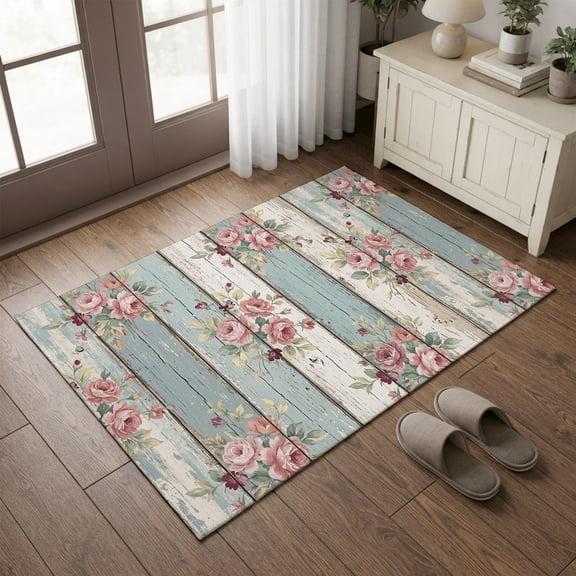 Entryway Rug 2'x3', Teal Green Wooden Small Rug for Kitchen Bathroom Door Mat Indoor Entrance, Farmhouse Pink Florals Distressed Non-Slip Area Rugs Floor Mats Carpet Front Door Rugs