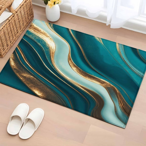 Entryway Rug 2'x3', Teal Marble Small Rug for Kitchen Bathroom Door Mat Indoor Entrance, Modern Abstract Gold Fluid Art Non-Slip Area Rugs Floor Mats Carpet Front Door Rugs