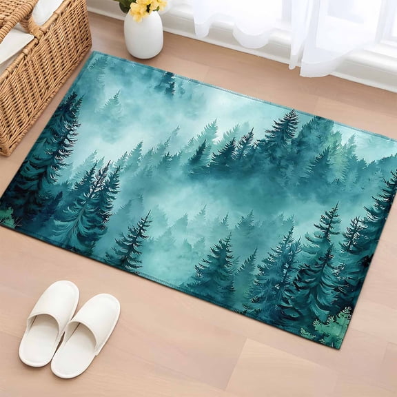 Entryway Rug 2'x3', Teal Mountain Small Rug for Kitchen Bathroom Door Mat Indoor Entrance, Misty Forest Nature Woodland Pine Tree Landscape Non-Slip Area Rugs Floor Mats Carpet Front Door Rugs