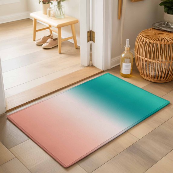 Entryway Rug 2'x3', Teal Pink Ombre Kitchen Runner Rugs Non-Slip Carpet Mats, Contemporary Art Abstract Aesthetics Bedside Rugs Runners Washable Floor Carpet for Bathroom Laundry Room