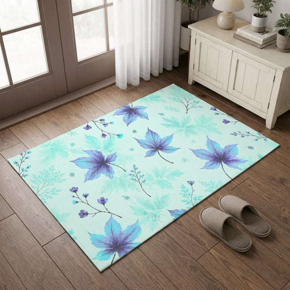 Entryway Rug 2'x3', Teal Purple Maple Leaves Fall Kitchen Runner Rugs Non-Slip Carpet Mats, Thanksgiving Botanical Bedside Rugs Runners Washable Floor Carpet for Bathroom Laundry Room