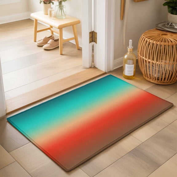 Entryway Rug 2'x3', Teal Red Brown Ombre Kitchen Runner Rugs Non-Slip Carpet Mats, Contemporary Gradient Abstract Bedside Rugs Runners Washable Floor Carpet for Bathroom Laundry Room