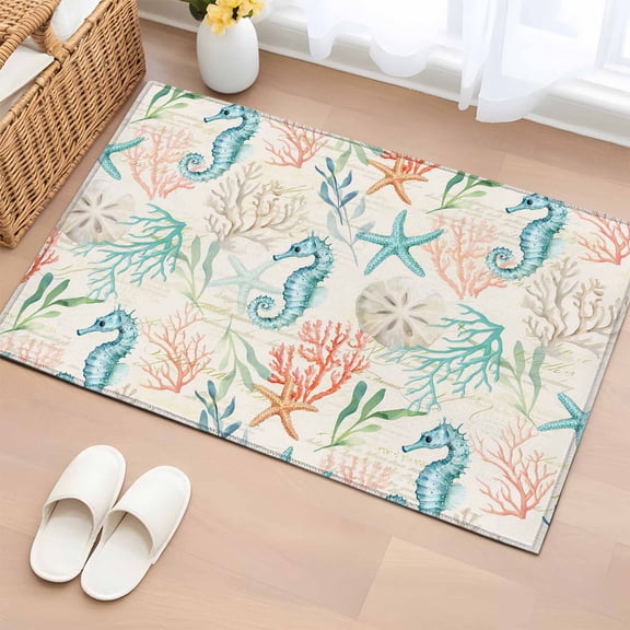 Entryway Rug 2'x3', Teal Red Coastal Small Rug for Kitchen Bathroom Door Mat Indoor Entrance, Nautical Seahorse Beach Coral Starfish Retro Non-Slip Area Rugs Floor Mats Carpet Front Door Rugs
