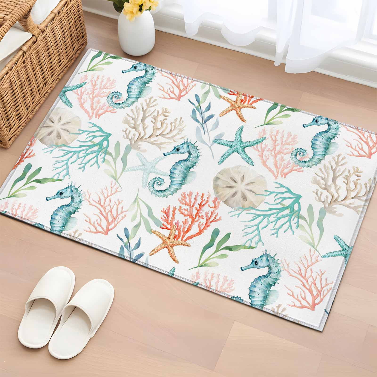 Entryway Rug 2'x3', Teal Red Seahorse Coastal Small Rug for Kitchen Bathroom Door Mat Indoor Entrance, Nautical Beach Coral Starfish Non-Slip Area Rugs Floor Mats Carpet Front Door Rugs