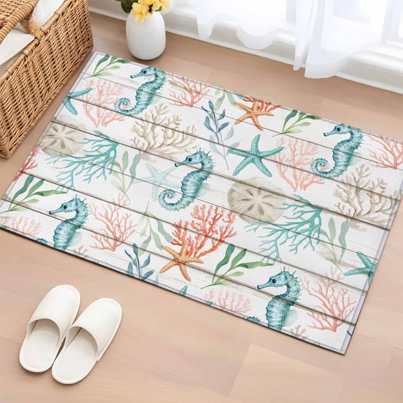 Entryway Rug 2'x3', Teal Red Seahorse Coastal Small Rug for Kitchen Bathroom Door Mat Indoor Entrance, Vintage Nautical Beach Coral Starfish Non-Slip Area Rugs Floor Mats Carpet Front Door Rugs