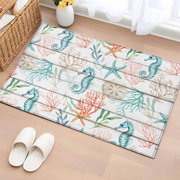 Entryway Rug 2'x3', Teal Red Seahorse Coastal Small Rug for Kitchen Bathroom Door Mat Indoor Entrance, Vintage Nautical Beach Coral Starfish Non-Slip Area Rugs Floor Mats Carpet Front Door Rugs