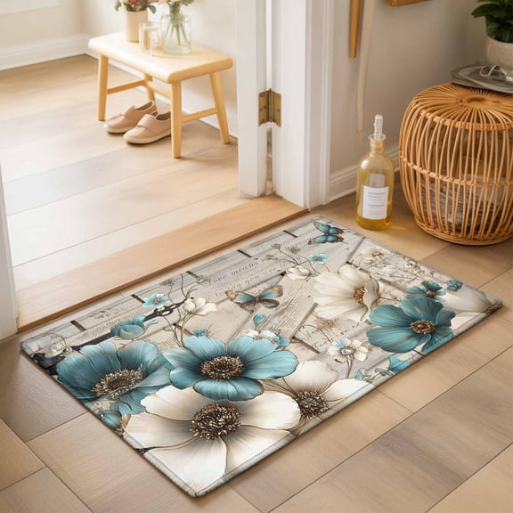 Entryway Rug 2'x3', Teal Tulip Butterfly Kitchen Runner Rugs Non-Slip Carpet Mats, Beige Turquoise Floral Farmhouse Wooden Bedside Rugs Runners Washable Floor Carpet for Bathroom Laundry Room