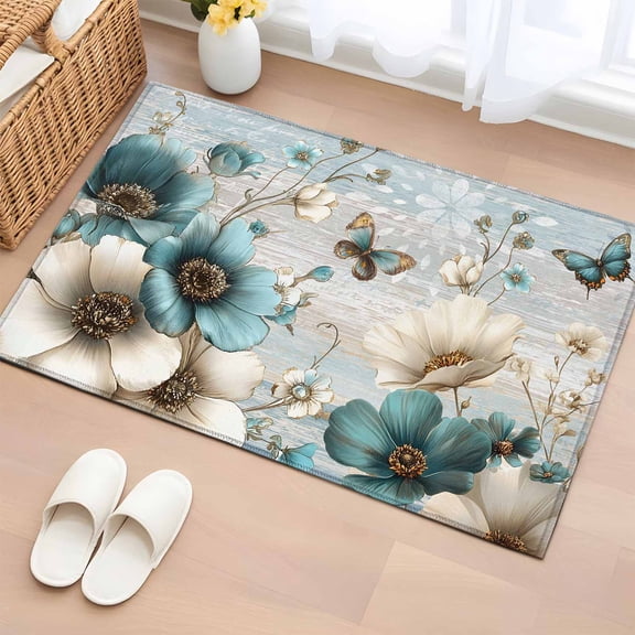 Entryway Rug 2'x3', Teal Tulip Butterfly Small Rug for Kitchen Bathroom Door Mat Indoor Entrance, Beige Turquoise Floral Farmhouse Blue Non-Slip Area Rugs Floor Mats Carpet Front Door Rugs