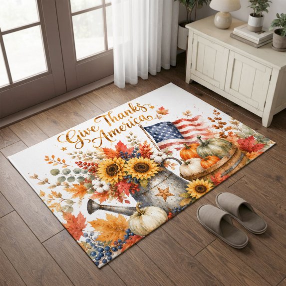 Entryway Rug 2'x3', Thanksgiving Fall Kitchen Runner Rugs Non-Slip Carpet Mats, Pumpkin USA Flag Sunflowers Maple Leaf Bedside Rugs Runners Washable Floor Carpet for Bathroom Laundry Room