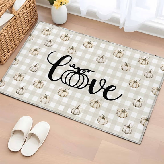 Entryway Rug 2'x3', Thanksgiving Fall Small Rug for Kitchen Bathroom Door Mat Indoor Entrance, Autumn White Pumpkin Plaid Gingham Non-Slip Area Rugs Floor Mats Carpet Front Door Rugs