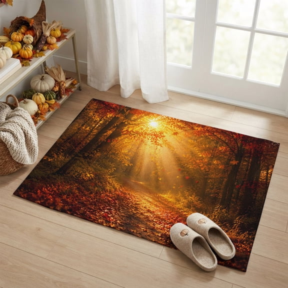 Entryway Rug 2'x3', Thanksgiving Fall Small Rug for Kitchen Bathroom Door Mat Indoor Entrance, Orange Forest Maple Leaves Path Way Non-Slip Area Rugs Floor Mats Carpet Front Door Rugs