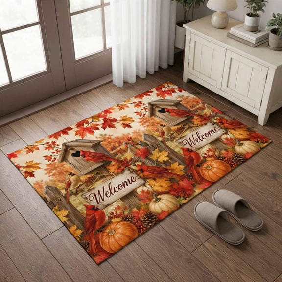 Entryway Rug 2'x3', Thanksgiving Kitchen Runner Rugs Non-Slip Carpet Mats, Fall Barn Cardinal Pumpkin Maple Leaves Bedside Rugs Runners Washable Floor Carpet for Bathroom Laundry Room