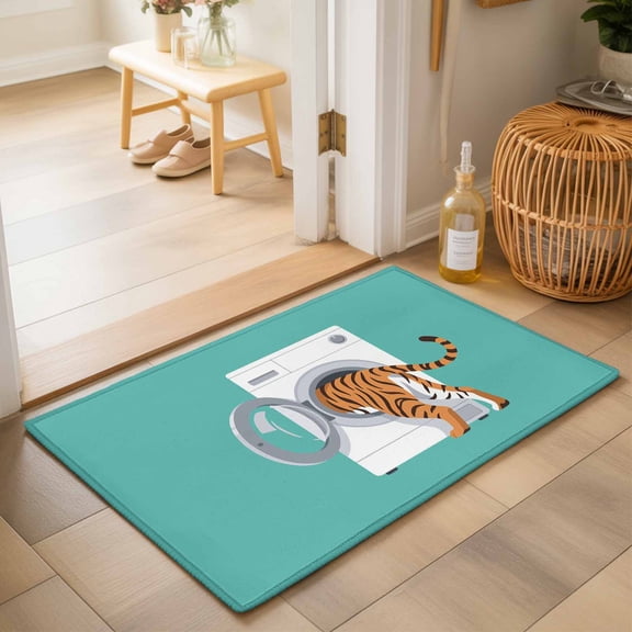 Entryway Rug 2'x3', Tiger Kitchen Runner Rugs Non-Slip Carpet Mats, Teal Laundry Room Washing Machine Bedside Rugs Runners Washable Floor Carpet for Bathroom Laundry Room