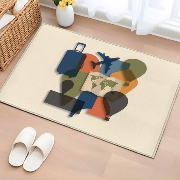 Entryway Rug 2'x3', Travel Adventure Small Rug for Kitchen Bathroom Door Mat Indoor Entrance, Modern Maps Luggage Hot Balloons Non-Slip Area Rugs Floor Mats Carpet Front Door Rugs