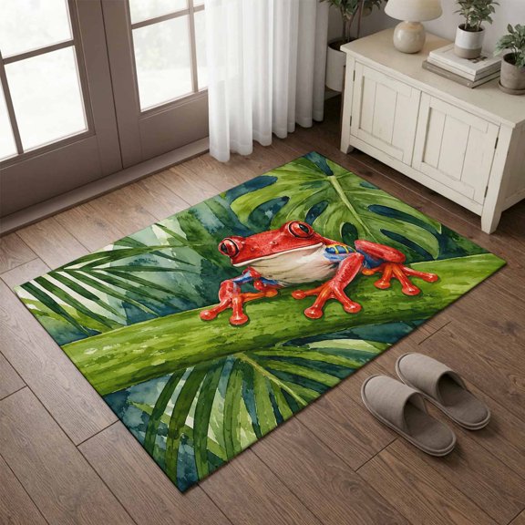 Entryway Rug 2'x3', Tropical Frog Kitchen Runner Rugs Non-Slip Carpet Mats, Summer Coastal Palm Leaves Rainforest Bedside Rugs Runners Washable Floor Carpet for Bathroom Laundry Room
