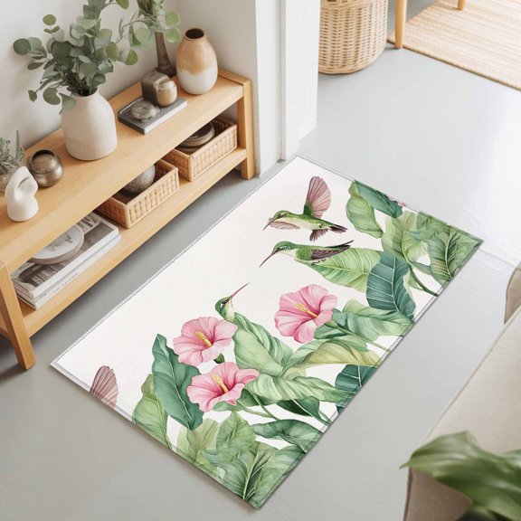 Entryway Rug 2'x3', Tropical Plants Kitchen Runner Rugs Non-Slip Carpet Mats, Summer Spring Flowers Palm Leaves Birds Bedside Rugs Runners Washable Floor Carpet for Bathroom Laundry Room