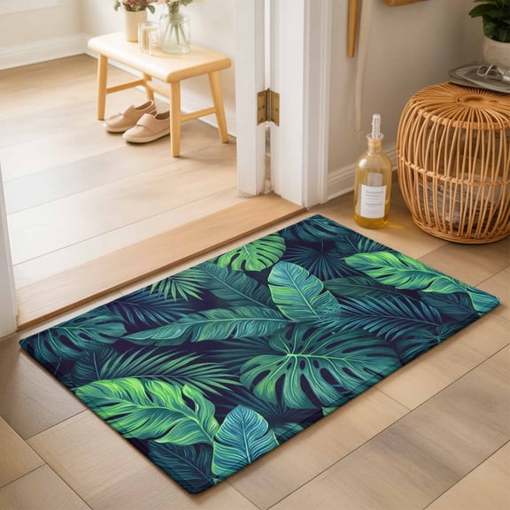 Entryway Rug 2'x3', Tropical Plants Kitchen Runner Rugs Non-Slip Carpet Mats, Summer Watercolor Teal Green Palm Leaves Bedside Rugs Runners Washable Floor Carpet for Bathroom Laundry Room