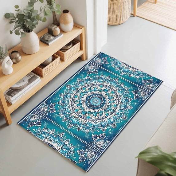 Entryway Rug 2'x3', Turquoise Boho Flowers Kitchen Runner Rugs Non-Slip Carpet Mats, Retro Ethnic Abstract Floral Art Bedside Rugs Runners Washable Floor Carpet for Bathroom Laundry Room