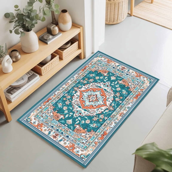 Entryway Rug 2'x3', Turquoise Boho Kitchen Runner Rugs Non-Slip Carpet Mats, Ethnic Aztec Southwest Abstract Pattern Bedside Rugs Runners Washable Floor Carpet for Bathroom Laundry Room