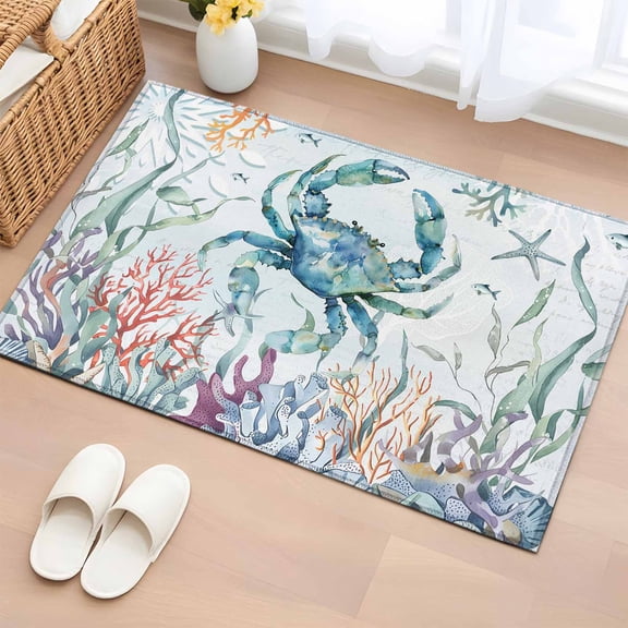 Entryway Rug 2'x3', Turquoise Carbs Coastal Small Rug for Kitchen Bathroom Door Mat Indoor Entrance, Nautical Summer Beach Coral Jellyfish Non-Slip Area Rugs Floor Mats Carpet Front Door Rugs