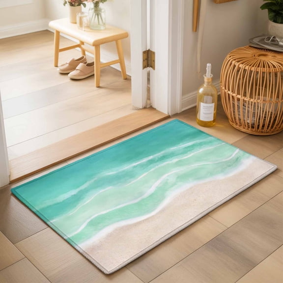 Entryway Rug 2'x3', Turquoise Coastal Kitchen Runner Rugs Non-Slip Carpet Mats, Waves Summer Beach Ocean Sea Bedside Rugs Runners Washable Floor Carpet for Bathroom Laundry Room