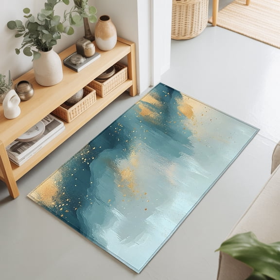 Entryway Rug 2'x3', Turquoise Gold Kitchen Runner Rugs Non-Slip Carpet Mats, Modern Abstract Teal Geometric Bedside Rugs Runners Washable Floor Carpet for Bathroom Laundry Room