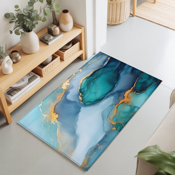 Entryway Rug 2'x3', Turquoise Gold Kitchen Runner Rugs Non-Slip Carpet Mats, Modern Teal Blue Marble Textured Bedside Rugs Runners Washable Floor Carpet for Bathroom Laundry Room