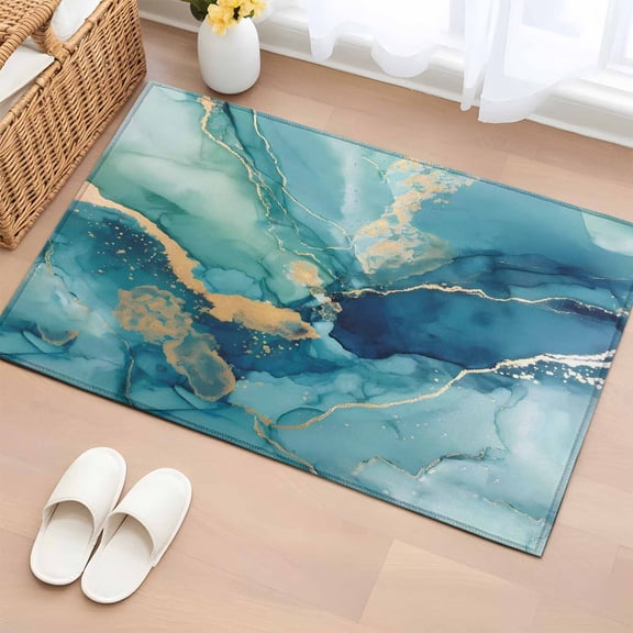 Entryway Rug 2'x3', Turquoise Marble Small Rug for Kitchen Bathroom Door Mat Indoor Entrance, Modern Abstract Art Ombre Blue Non-Slip Area Rugs Floor Mats Carpet Front Door Rugs