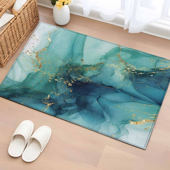 Entryway Rug 2'x3', Turquoise Marble Small Rug for Kitchen Bathroom Door Mat Indoor Entrance, Modern Ink Painting Abstract Aesthetics Non-Slip Area Rugs Floor Mats Carpet Front Door Rugs
