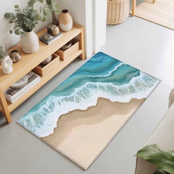 Entryway Rug 2'x3', Turquoise Ocean Kitchen Runner Rugs Non-Slip Carpet Mats, Gradient Brown Shore Sandy Beach Abstract Bedside Rugs Runners Washable Floor Carpet for Bathroom Laundry Room