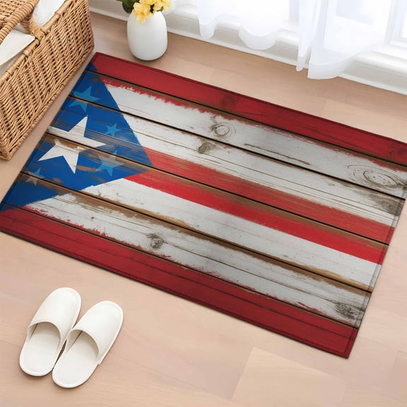 Entryway Rug 2'x3', USA Flag Small Rug for Kitchen Bathroom Door Mat Indoor Entrance, Farmhouse Vintage Star Blue Red Wooden Grain Non-Slip Area Rugs Floor Mats Carpet Front Door Rugs