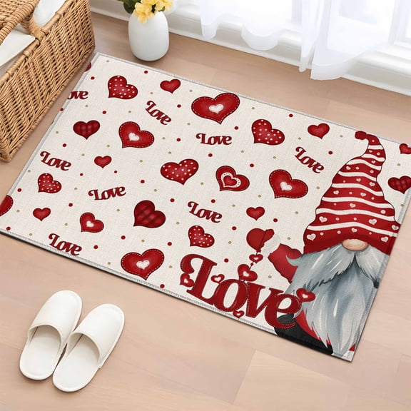 Entryway Rug 2'x3', Valentine Gnomes Small Rug for Kitchen Bathroom Door Mat Indoor Entrance, Love Heart Red Rustic Non-Slip Area Rugs Floor Mats Carpet Front Door Rugs