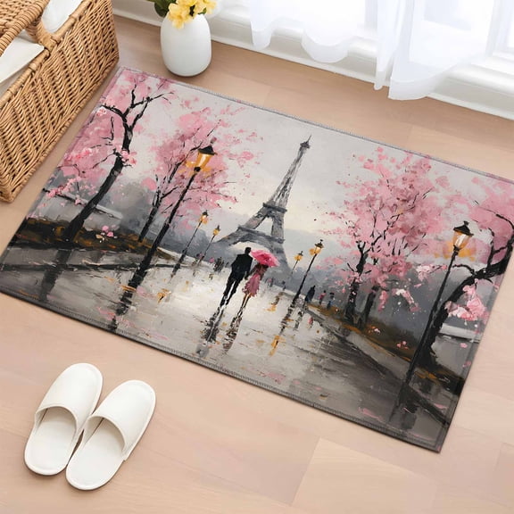Entryway Rug 2'x3', Valentine's Day Small Rug for Kitchen Bathroom Door Mat Indoor Entrance, Couples Flowers Rainy Tower Romantic Pink Non-Slip Area Rugs Floor Mats Carpet Front Door Rugs