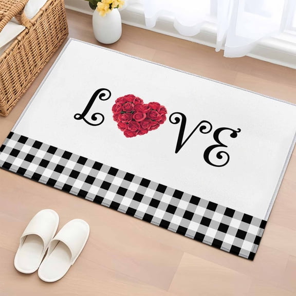 Entryway Rug 2'x3', Valentine's Day Small Rug for Kitchen Bathroom Door Mat Indoor Entrance, LOVE Romantic Red Roses Black Buffalo Plaid Non-Slip Area Rugs Floor Mats Carpet Front Door Rugs