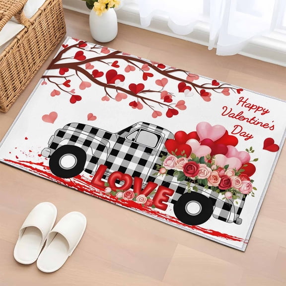 Entryway Rug 2'x3', Valentine's Day Small Rug for Kitchen Bathroom Door Mat Indoor Entrance, Love Tree Branches Truck Roses Buffalo Plaid Non-Slip Area Rugs Floor Mats Carpet Front Door Rugs