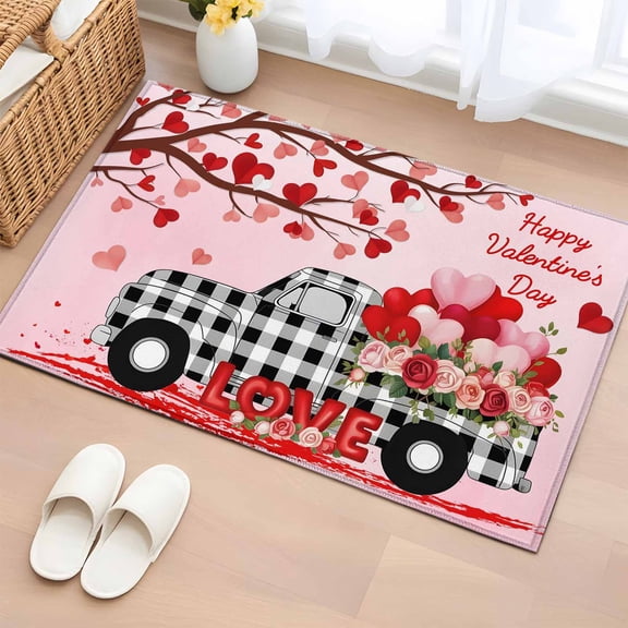 Entryway Rug 2'x3', Valentine's Day Small Rug for Kitchen Bathroom Door Mat Indoor Entrance, Ombre Pink Love Tree Truck Roses Plaid Non-Slip Area Rugs Floor Mats Carpet Front Door Rugs