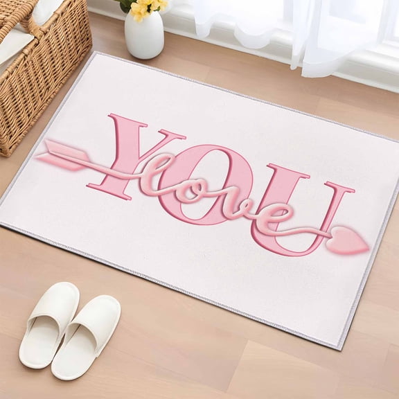 Entryway Rug 2'x3', Valentine's Day Small Rug for Kitchen Bathroom Door Mat Indoor Entrance, Pink Love You with Arrow Minimalist Non-Slip Area Rugs Floor Mats Carpet Front Door Rugs