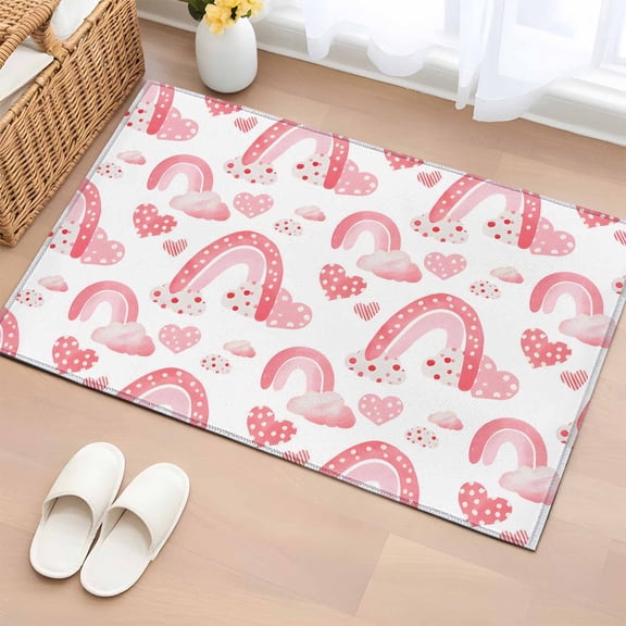 Entryway Rug 2'x3', Valentine's Day Small Rug for Kitchen Bathroom Door Mat Indoor Entrance, Pink Rainbow Love Heart Polka Dots Spring Non-Slip Area Rugs Floor Mats Carpet Front Door Rugs