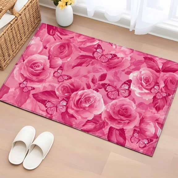 Entryway Rug 2'x3', Valentine's Day Small Rug for Kitchen Bathroom Door Mat Indoor Entrance, Pink Roses Floral Butterfly Romance Non-Slip Area Rugs Floor Mats Carpet Front Door Rugs