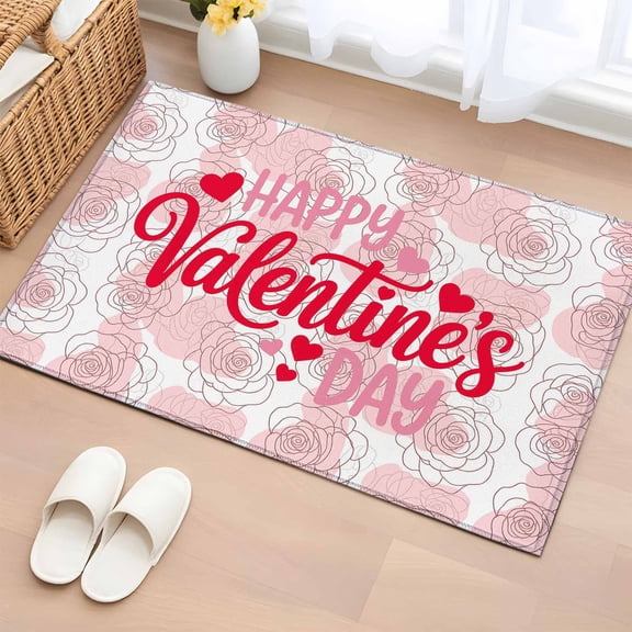 Entryway Rug 2'x3', Valentine's Day Small Rug for Kitchen Bathroom Door Mat Indoor Entrance, Pink Roses Lines Modern Minimalist Non-Slip Area Rugs Floor Mats Carpet Front Door Rugs
