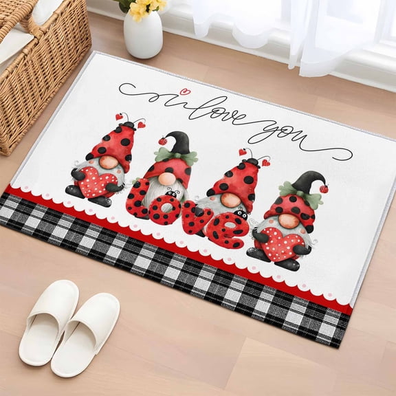 Entryway Rug 2'x3', Valentine's Day Small Rug for Kitchen Bathroom Door Mat Indoor Entrance, Red Gnomes Love Heart Polka Dots Black Plaid Non-Slip Area Rugs Floor Mats Carpet Front Door Rugs