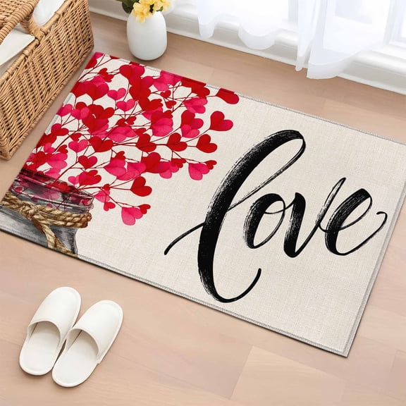 Entryway Rug 2'x3', Valentine's Day Small Rug for Kitchen Bathroom Door Mat Indoor Entrance, Red Love Heart Branches Bottles Beige Non-Slip Area Rugs Floor Mats Carpet Front Door Rugs
