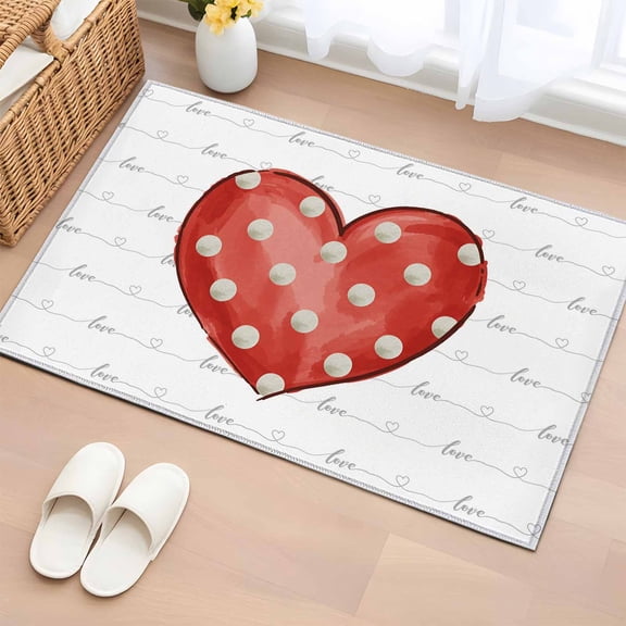 Entryway Rug 2'x3', Valentine's Day Small Rug for Kitchen Bathroom Door Mat Indoor Entrance, Red Love Polka Dots Lines Minimalist Non-Slip Area Rugs Floor Mats Carpet Front Door Rugs
